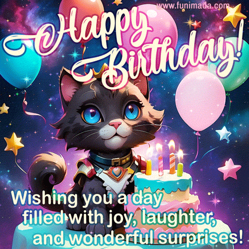 Galaxy-themed happy birthday GIF with a cosmic cat
