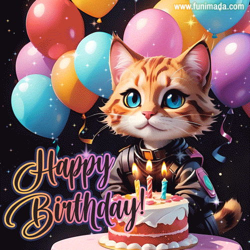 cute cat, birthday cake and multicolor balloons