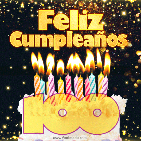 Tarjeta GIF de cumpleaños feliz de 100 años con torta y velas