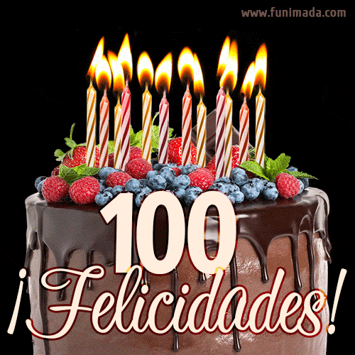 Feliz 100 cumpleaños pastel de chocolate. Imagen (GIF) con pastel y saludo.