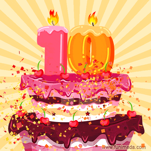 Hand Drawn 10th Birthday Cake Greeting Card (Animated Loop GIF)