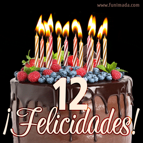Feliz 12 cumpleaños pastel de chocolate. Imagen (GIF) con pastel y saludo.