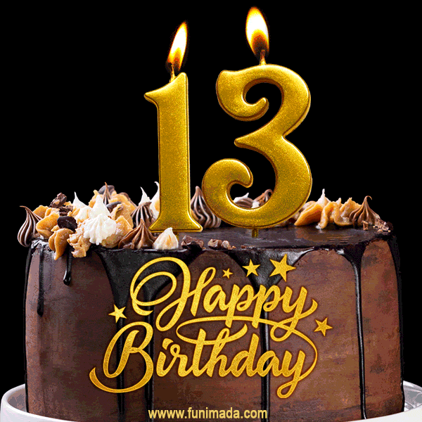 13 Birthday Chocolate Cake with Gold Glitter Number 13 Candles (GIF)