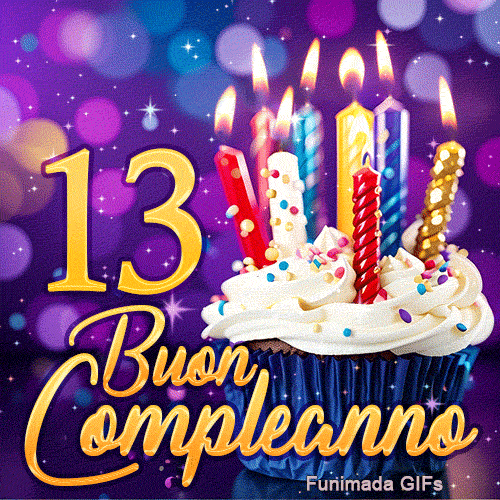 GIF di Buon Compleanno 13 anni con il numero 13 dorato e un cupcake festoso con candele brillanti.