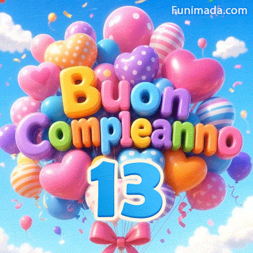 Lettere a palloncino colorate che formano Buon Compleanno fluttuano nel cielo azzurro, accompagnate da un grande numero azzurro 13 sospeso alla base.