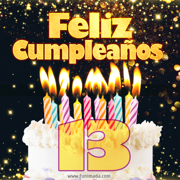Tarjeta de cumpleaños feliz de 13 años con torta y velas (GIF)