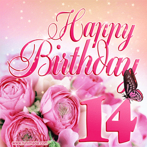 Beautiful Roses & Butterflies - 14 Years Happy Birthday Card for Her