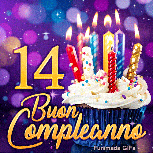 Immagine animata per 14 anni con candeline accese, un dolcetto e il numero 14 d'oro su scenario violetto.