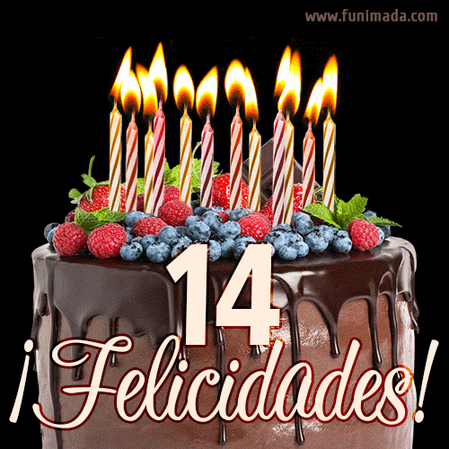 Feliz 14 cumpleaños pastel de chocolate. Imagen (GIF) con pastel y saludo.
