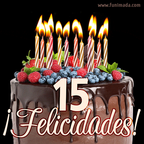 Feliz 15 cumpleaños pastel de chocolate. Imagen (GIF) con pastel y saludo.