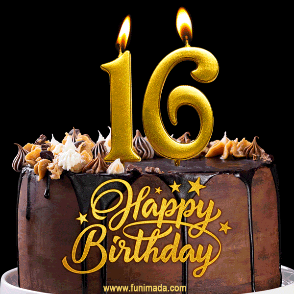 16 Birthday Chocolate Cake with Gold Glitter Number 16 Candles (GIF)