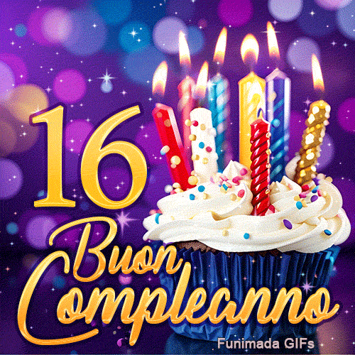 Animazione di Buon Compleanno 16 anni rappresentante una tortina magica e il numero 16 dorato con luci brillanti.