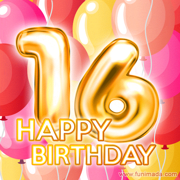 Fantastic Gold Number 16 Balloons Happy Birthday Card (Moving GIF)