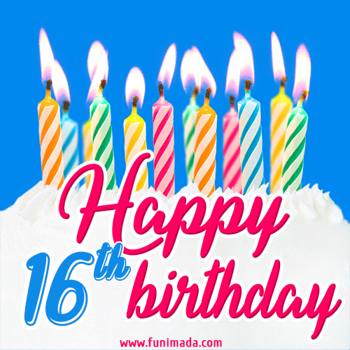 Animated Happy 16th Birthday Card with Cake and Lit Candles
