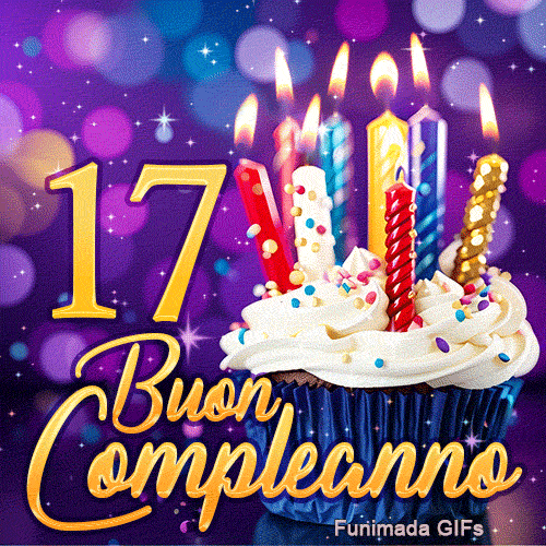 Biglietto animato 17 anni: candeline colorate scintillanti su un cupcake e il numero 17 dorato su sfondo viola.