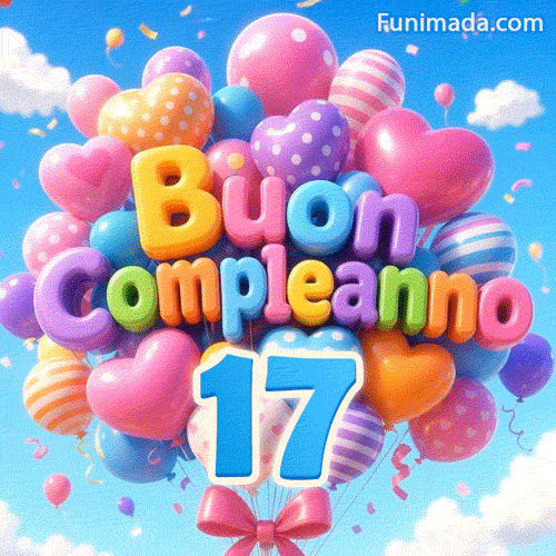 In un cielo azzurro chiaro con dolci nuvole, un mazzo di palloncini in movimento presenta il testo 3D Buon Compleanno e il numero azzurro 17.