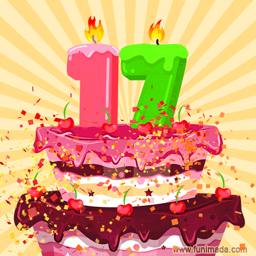 Hand Drawn 17th Birthday Cake Greeting Card (Animated Loop GIF)
