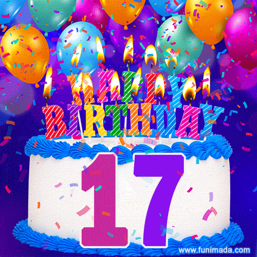 17th Birthday Cake gif: colorful candles, balloons, confetti and number 17