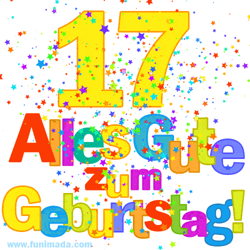 Festliches und farbenfrohes GIF-Bild zum 17. Geburtstag.