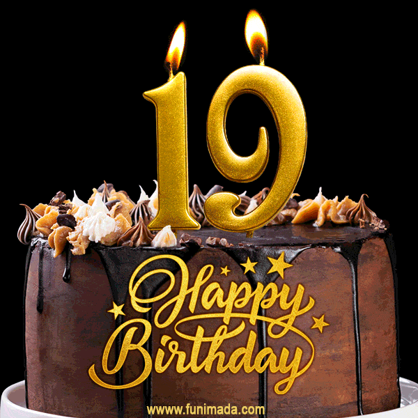 19 Birthday Chocolate Cake with Gold Glitter Number 19 Candles (GIF) — Download on Funimada.com