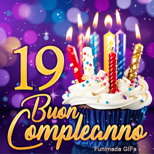 Immagine di compleanno 19 anni in GIF con un cupcake festoso, candeline risplendenti e il numero 19 dorato.