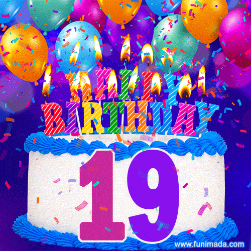 19th Birthday Cake gif: colorful candles, balloons, confetti and number 19