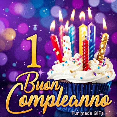 GIF animata di Buon Primo Compleanno con un cupcake, candeline colorate accese e il numero 1 dorato su sfondo viola.