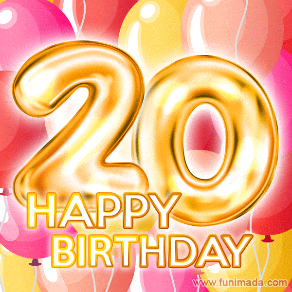Fantastic Gold Number 20 Balloons Happy Birthday Card (Moving GIF)