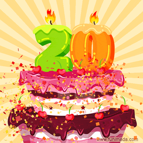 Hand Drawn 20th Birthday Cake Greeting Card (Animated Loop GIF)