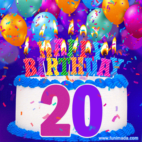 20th Birthday Cake gif: colorful candles, balloons, confetti and number 20