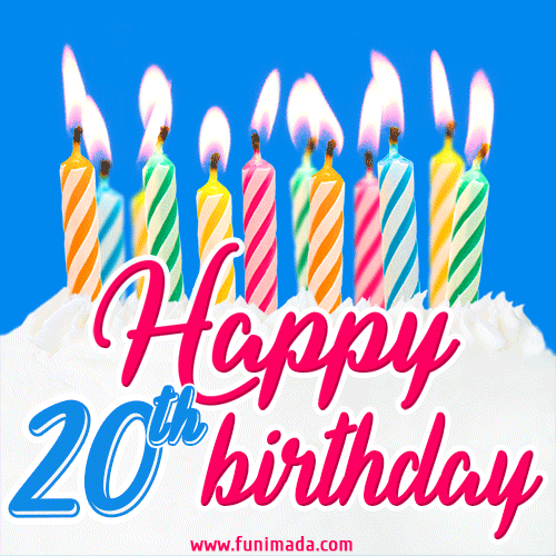 Animated Happy 20th Birthday Card with Cake and Lit Candles