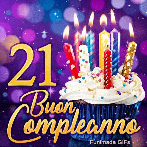 Animazione per i 21 anni: un cupcake con candele illuminate e il numero 21 dorato su sfondo viola brillante.