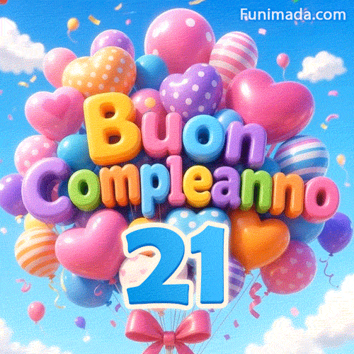 Palloncini a pois e a righe fluttuano nella brezza. L'iscrizione 3D Buon Compleanno si trova sopra il numero azzurro 21.