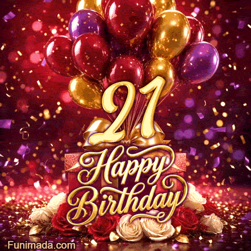 Colorful red purple and gold balloons float above gift boxes and roses framing the golden number 21 with Happy Birthday and sparkling confetti