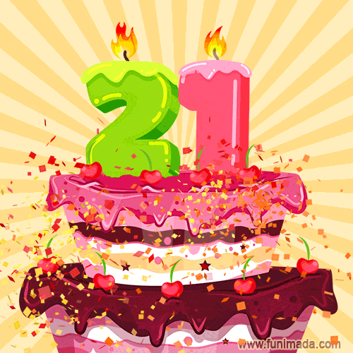 Hand Drawn 21st Birthday Cake Greeting Card (Animated Loop GIF)