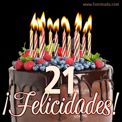 Feliz 21 cumpleaños pastel de chocolate. Imagen (GIF) con pastel y saludo.