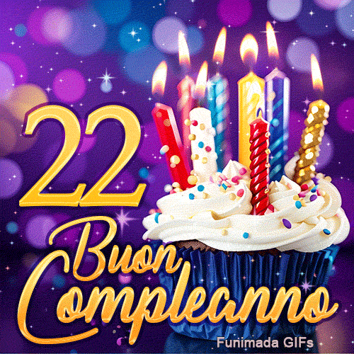 Biglietto animato di compleanno 22 anni con il numero 22 in oro e una torta di festa con candele risplendenti.