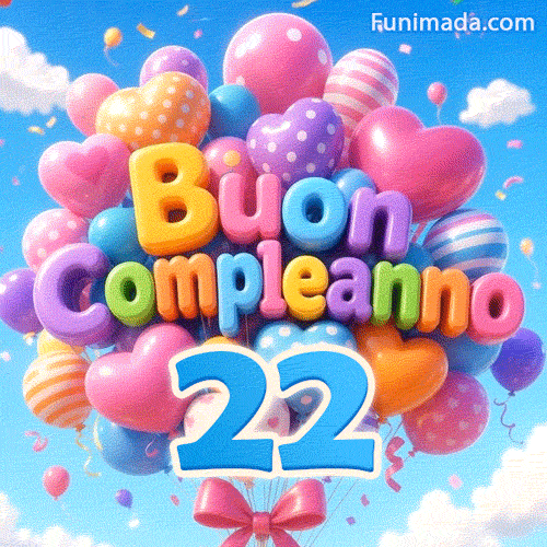 Il grande numero azzurro 22 pende sotto un insieme di palloncini animati. I palloncini festosi formano Buon Compleanno sullo sfondo di un cielo soleggiato.