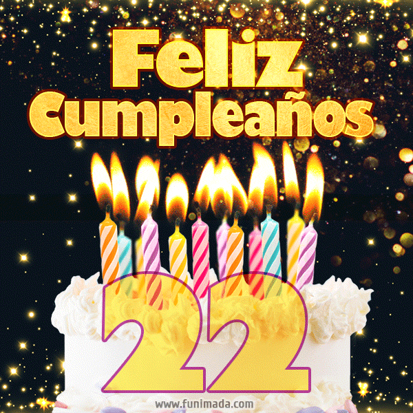 Tarjeta de cumpleaños feliz de 22 años con torta y velas (GIF)