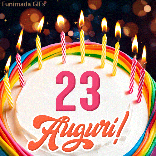 Un'animazione celebrativa di una torta di compleanno per i 23 anni, Le fiamme delle candeline tremolano e delle scintille brillano intorno, creando un'atmosfera festosa e magica.