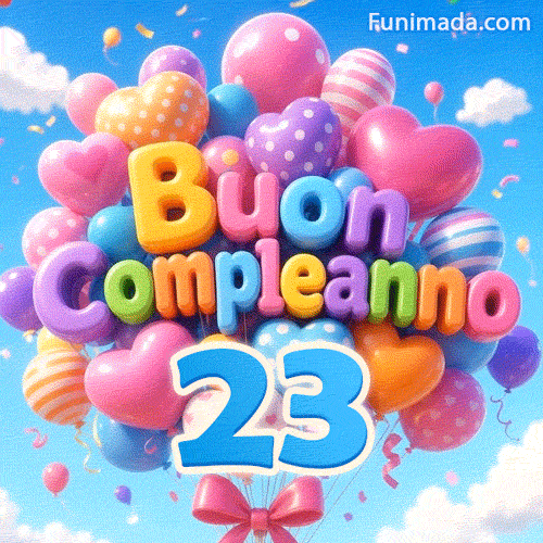 Fluttuando contro nuvole bianche e un cielo azzurro, questo mazzo di palloncini presenta il testo 3D Buon Compleanno e il numero azzurro 23.