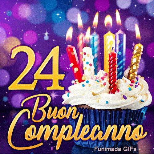 Immagine animata di Buon Compleanno 24 anni: il numero 24 d'oro accanto a un tortino e candeline colorate.