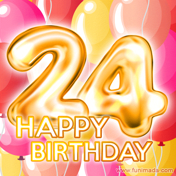 Fantastic Gold Number 24 Balloons Happy Birthday Card (Moving GIF)