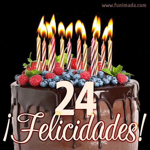 Feliz 24 cumpleaños pastel de chocolate. Imagen (GIF) con pastel y saludo.