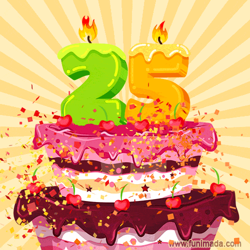 Hand Drawn 25th Birthday Cake Greeting Card (Animated Loop GIF)