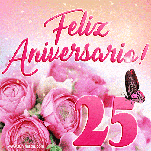 Lindas rosas e borboletas - 25 anos de feliz aniversário GIF
