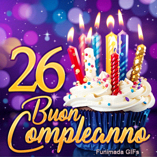 Animazione festosa 26 anni con il numero 26 dorato, un cupcake con candele illuminate e luci risplendenti.