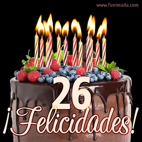 Feliz 26 cumpleaños pastel de chocolate. Imagen (GIF) con pastel y saludo.