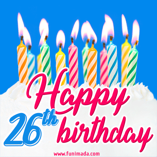 Animated Happy 26th Birthday Card with Cake and Lit Candles
