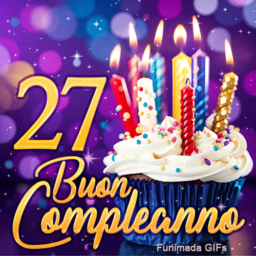 Biglietto virtuale animato 27 anni rappresentante un dolcetto magico con candeline accese e il numero 27 in oro.